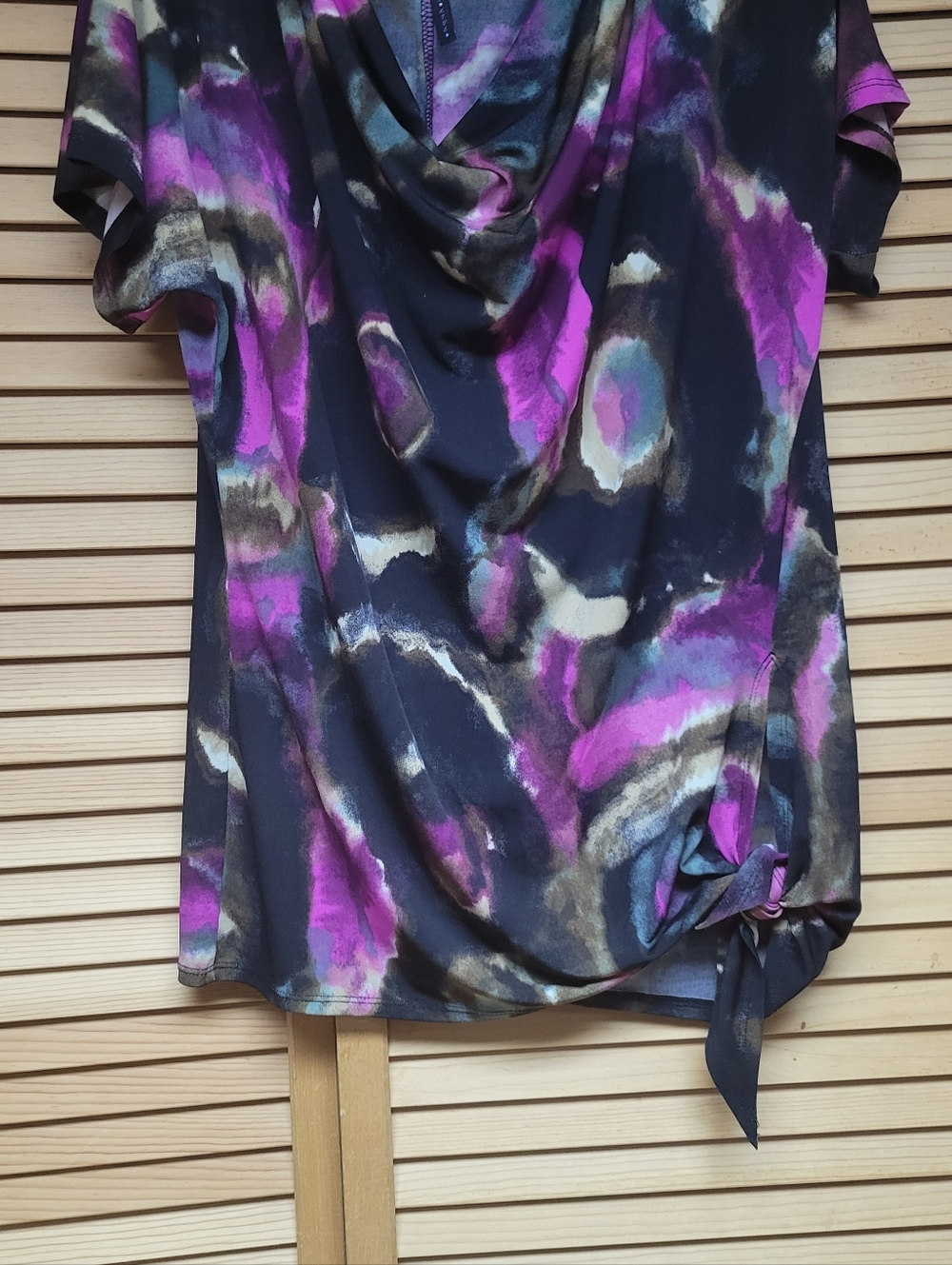 Cowl-Neck Short Sleeve Blouse in Black and Purple Abstract Print
